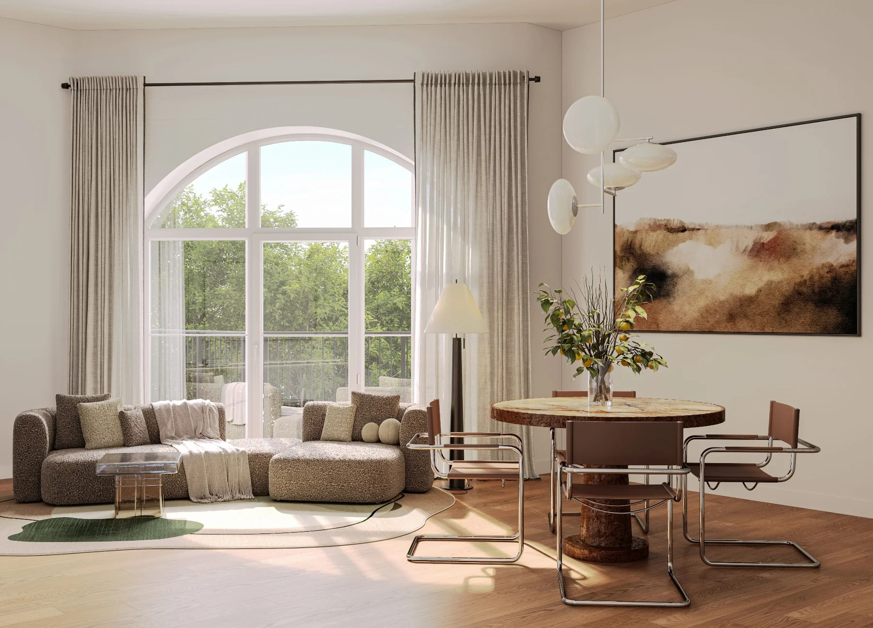 Wohnzimmer mit Rundbogenfenster im Atelierhof Berlin
